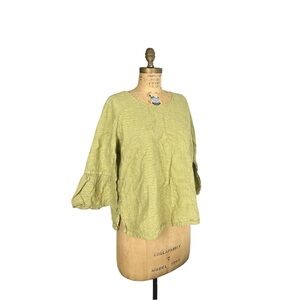 Kleen Linen and Cotton Green Striped 3/4 Flare Sleeve Top Lagenlook Blouse